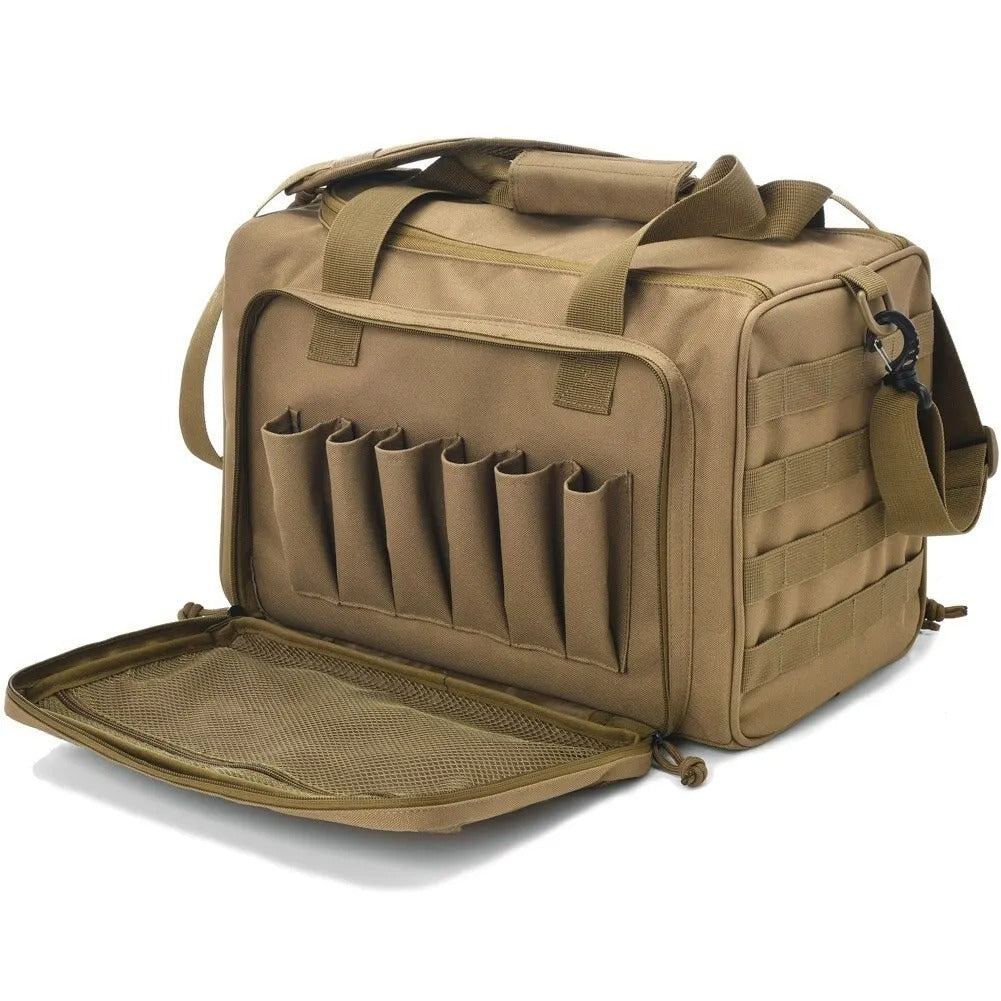 Tactical Gun Range Storage Bag – Durable Nylon Hunting Accessory with MOLLE System and Ample Storage - Delicate Leather