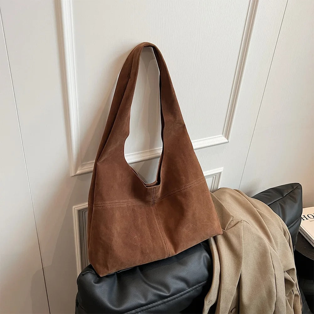 Women’s Faux Suede Tote Bag – Vintage Shoulder Handbag with Large Capacity - Delicate Leather
