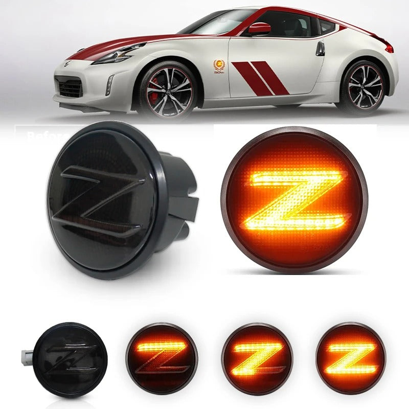 2X LED Dynamic Turn Signal Side Marker Lights - Smoked Black Lens with Sequential 'Z' for Nissan 370Z (2009-2020) - Delicate Leather