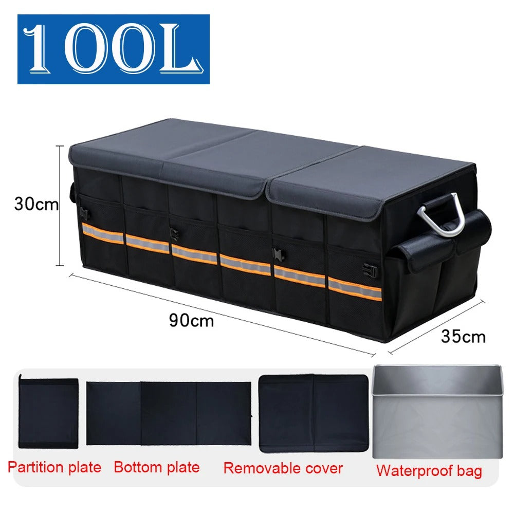 Heavy Duty 100L & 66L Car Trunk Organizer – Foldable, Collapsible Storage Box with Reflective Strip for SUV, Sedan & Truck