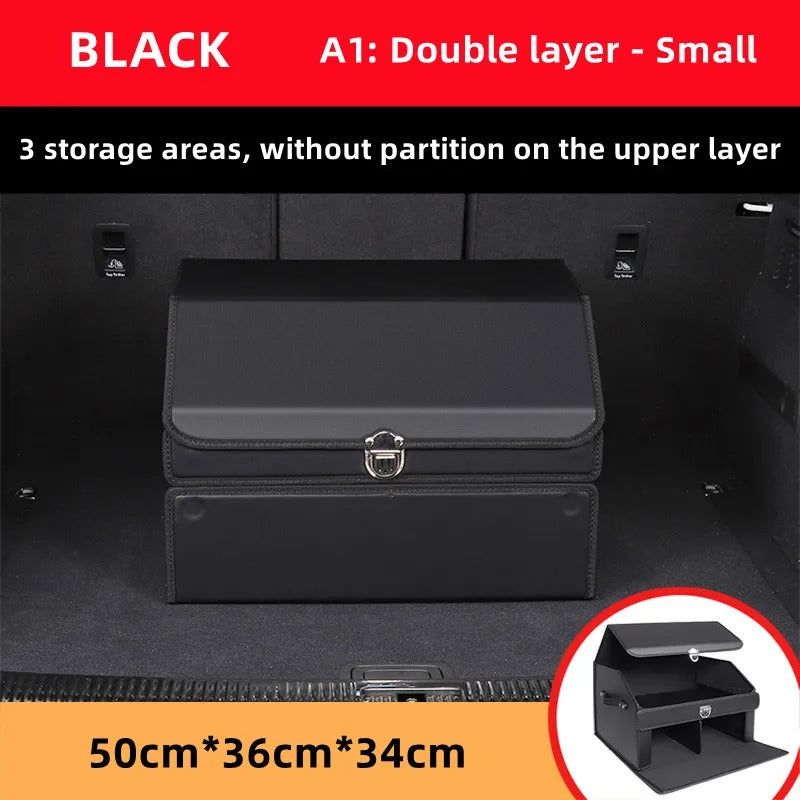 Luxury Leather Car Trunk Organizer – Large-Capacity Foldable Storage Box for BMW, Benz, Tesla, VW & More - Delicate Leather