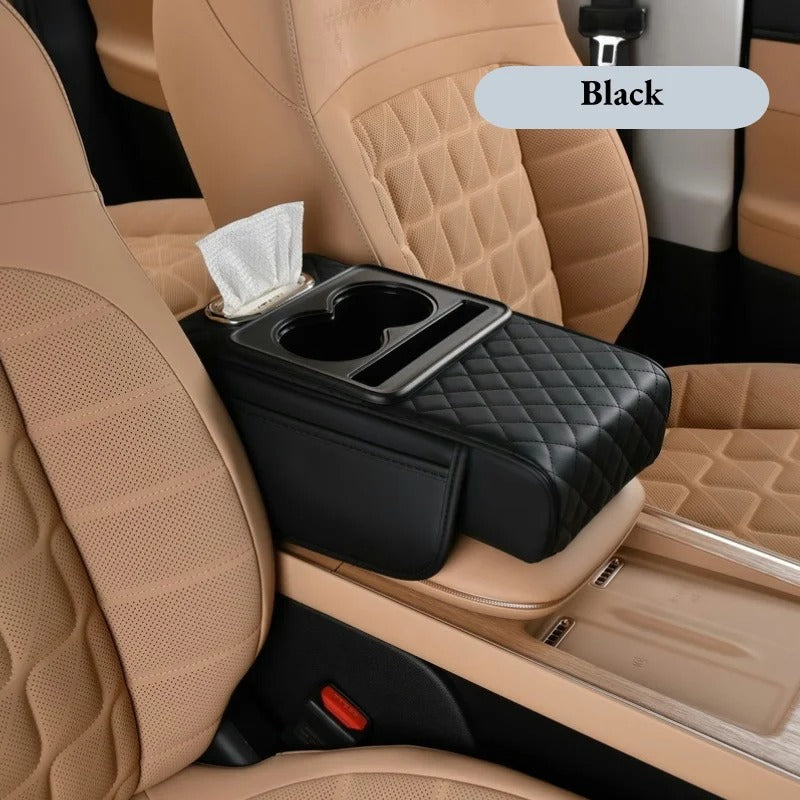 Thick Car Center Console Armrest Cushion with Tissue Box, Cup Holder, and Side Extension – Portable Car Pillow Armrest Pad