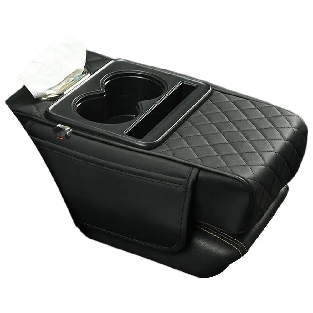 Multifunctional Center Console Cover – Armrest Cushion with Cup and Phone Holder - Delicate Leather