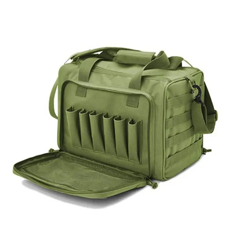 Tactical Gun Range Storage Bag – Durable Nylon Hunting Accessory with MOLLE System and Ample Storage - Delicate Leather
