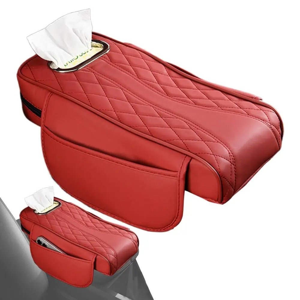 Comfortable Car Armrest Cover with Tissue Box Holder – Multi-Functional Center Console Storage for SUVs and Cars - Delicate Leather