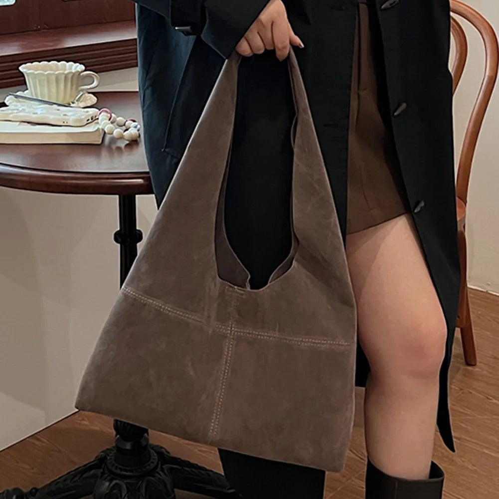 Women’s Faux Suede Tote Bag – Vintage Shoulder Handbag with Large Capacity