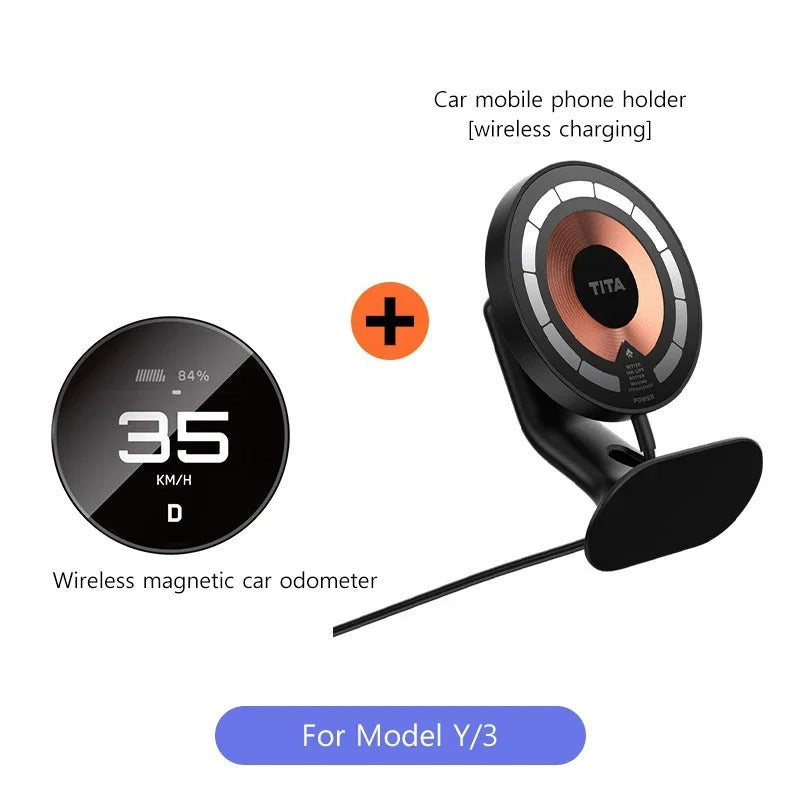 Ultra-Thin Dashboard Display with Wireless Magnetic Charging – Tesla Model Y & Model 3 - Delicate Leather