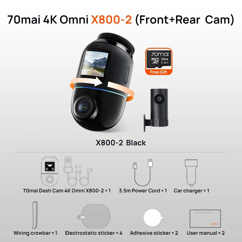 70mai X800 Omni 4K Dash Cam – Global Version, 360° Rotation, Dual-Channel, HDR, 4G Compatible, Supercapacitor Technology