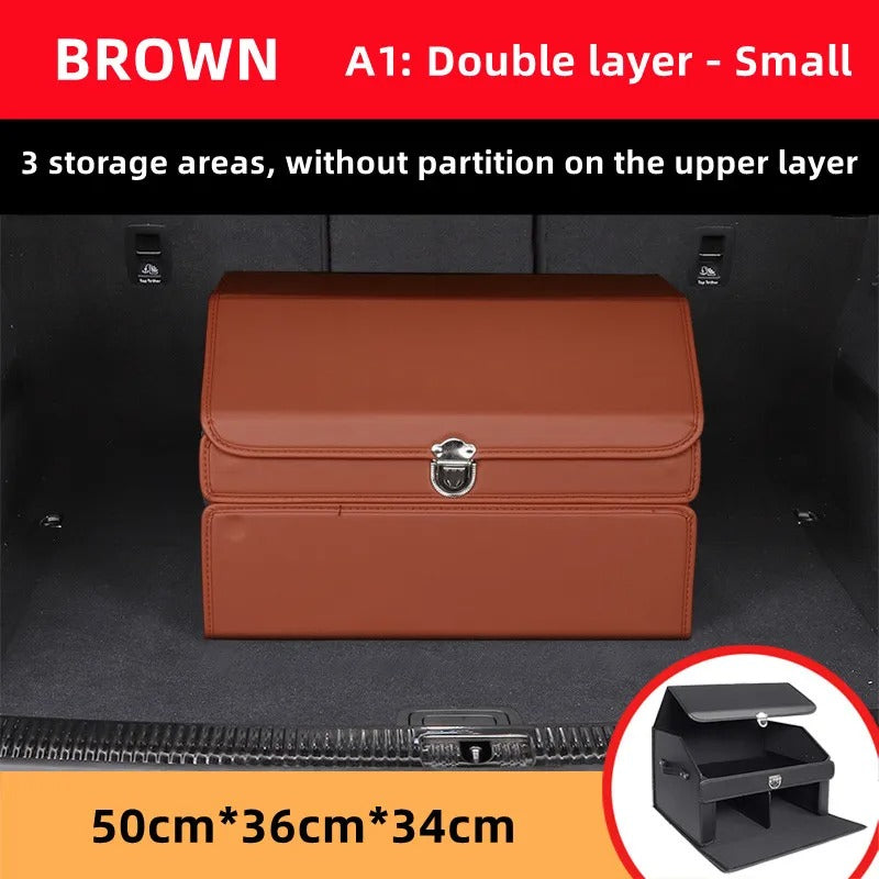 Luxury Leather Car Trunk Organizer – Large-Capacity Foldable Storage Box for BMW, Benz, Tesla, VW & More - Delicate Leather
