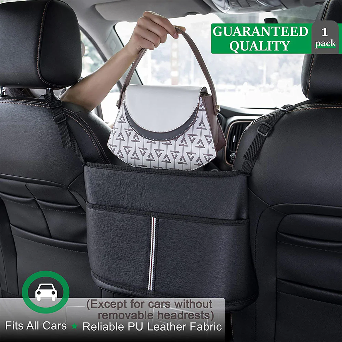 Car Purse Holder for Car Handbag Holder Between Seats Premium PU Leather, Custom Fit For Car, Hanging Car Purse Storage Pocket Back Seat Pet Barrier DLNS223