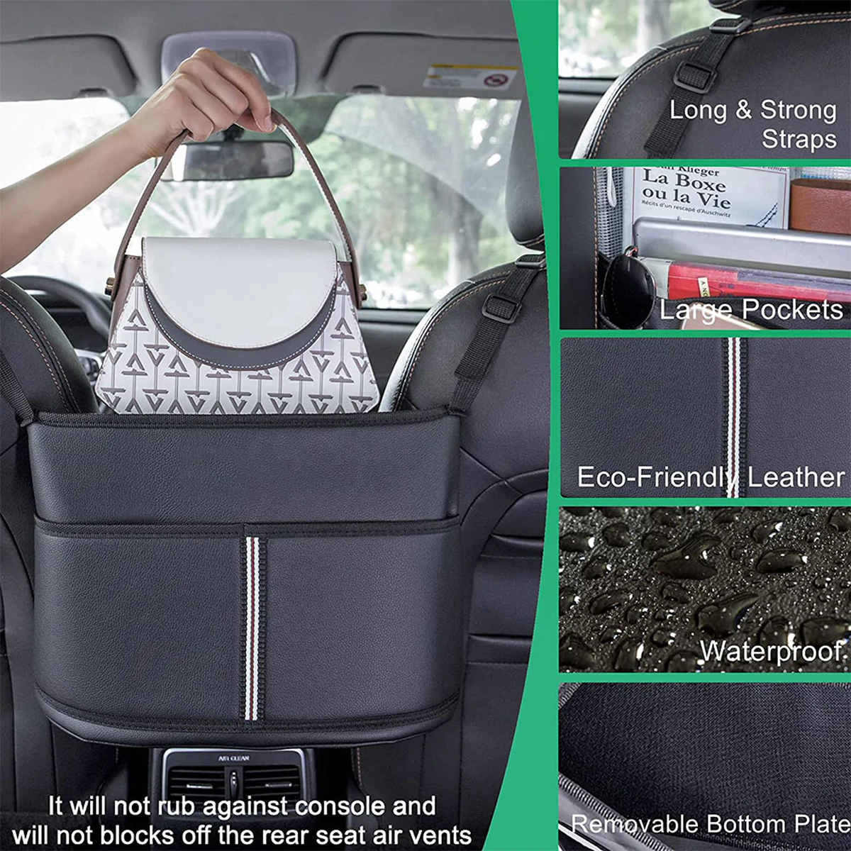 Car Purse Holder for Car Handbag Holder Between Seats Premium PU Leather, Custom Fit For Car, Hanging Car Purse Storage Pocket Back Seat Pet Barrier DLNS223