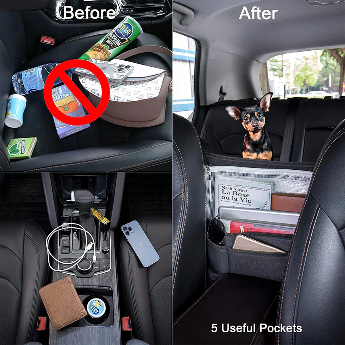 Car Purse Holder for Car Handbag Holder Between Seats Premium PU Leather, Custom Fit For Car, Hanging Car Purse Storage Pocket Back Seat Pet Barrier DLTS223