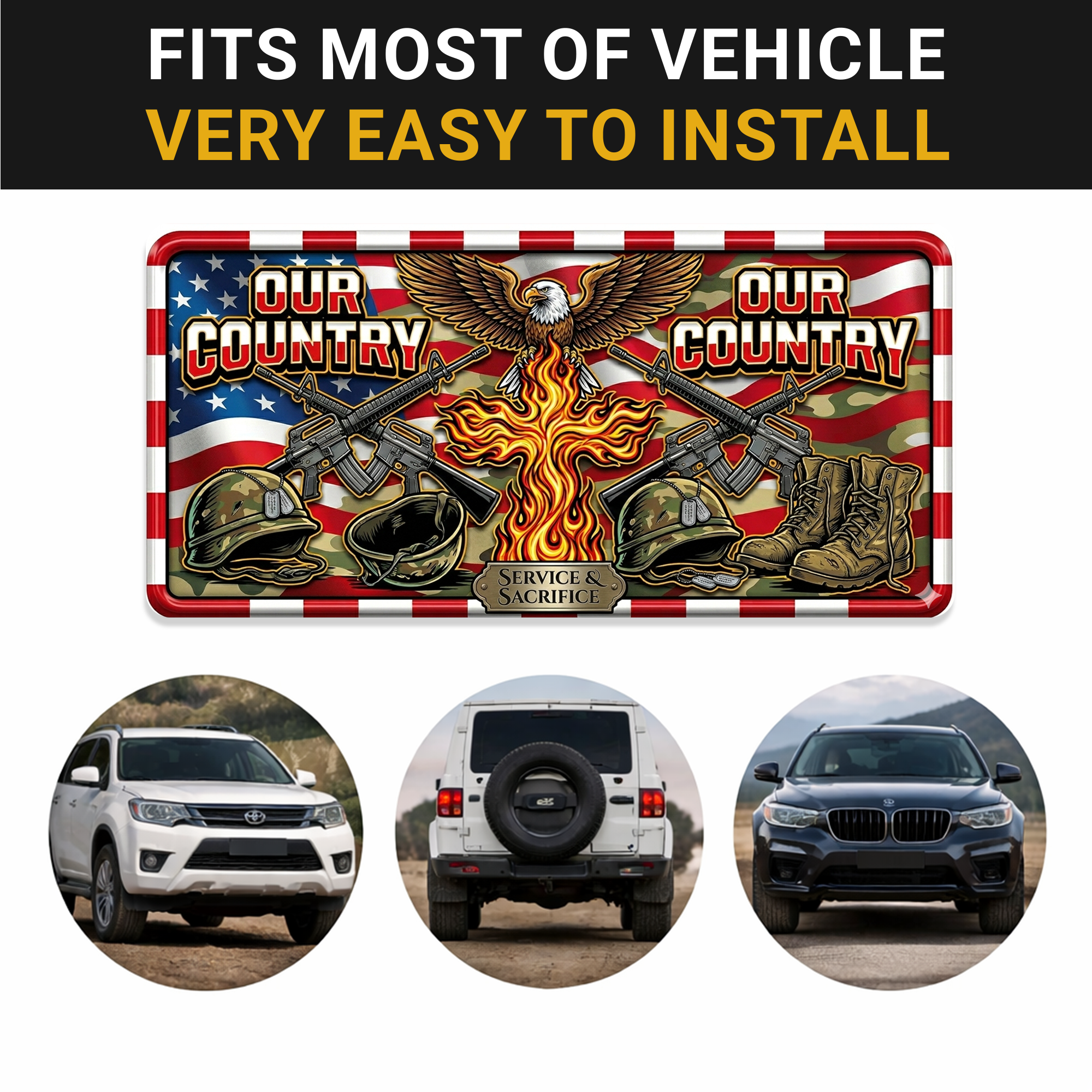 250 Years “FOUR COUNTRY” 2D Eagle Design License Plate Frame – Waterproof Aluminum Decorative Cover - Delicate Leather