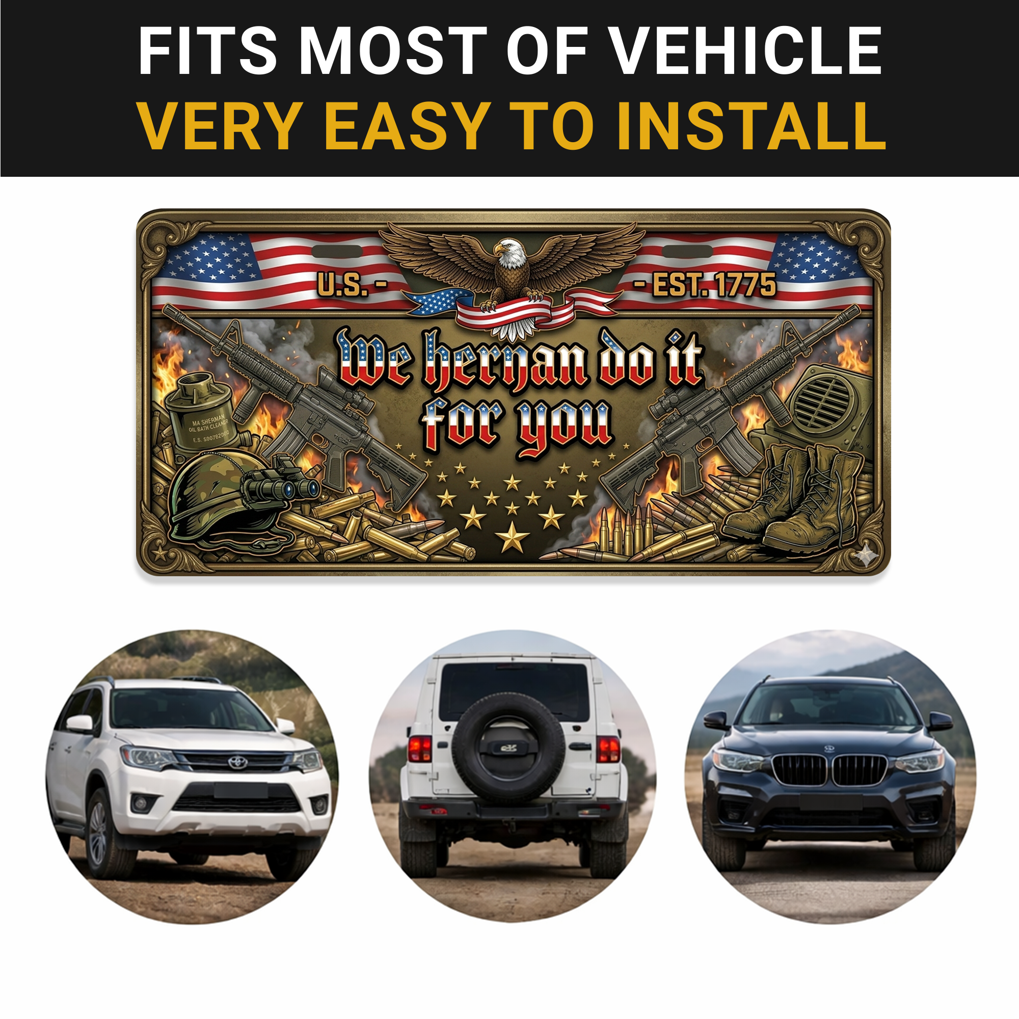 250 Years “WE HERNAN DO IT FOR YOU” 2D Design License Plate Frame – Waterproof Aluminum Decorative Cover - Delicate Leather
