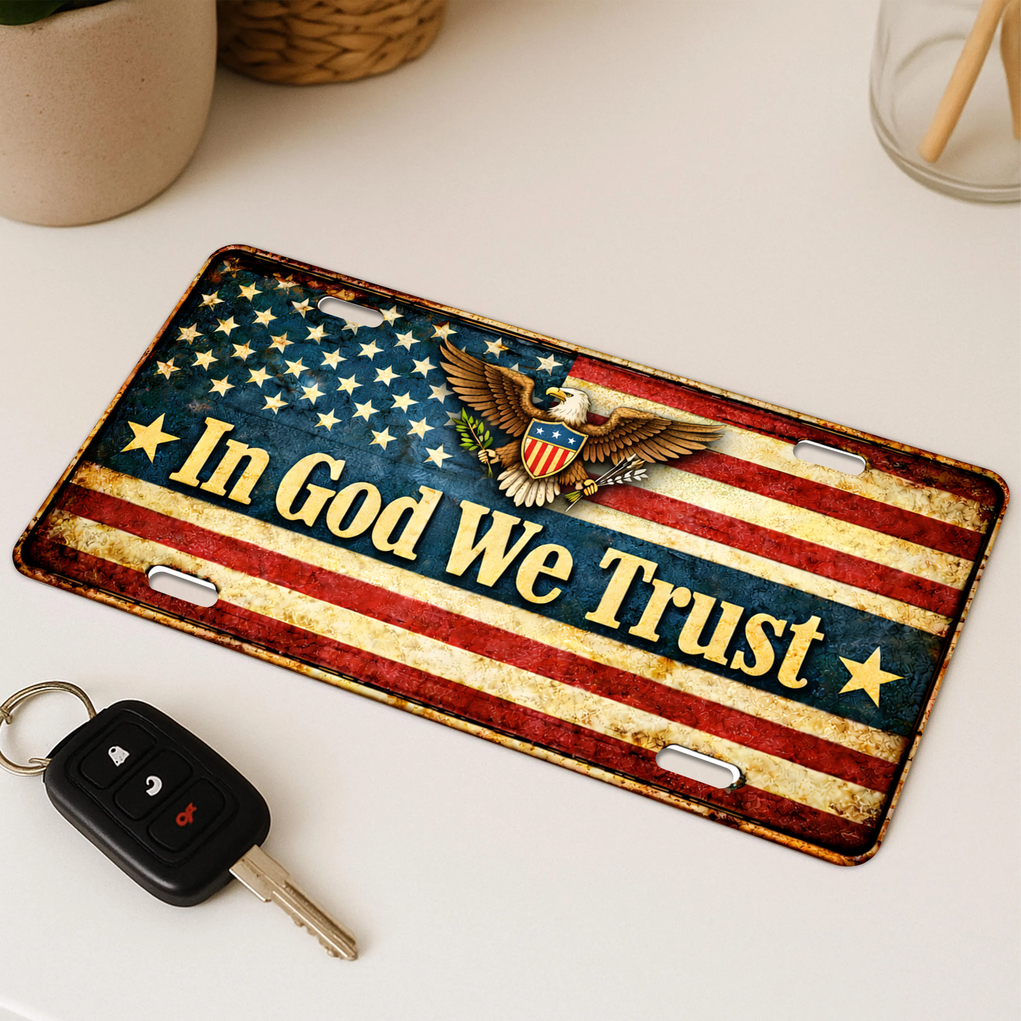 In God We Trust , Decorative Aluminum License Plate – Vintage Flag Design Metal Wall Sign 12 × 6 Inch A1 - Delicate Leather