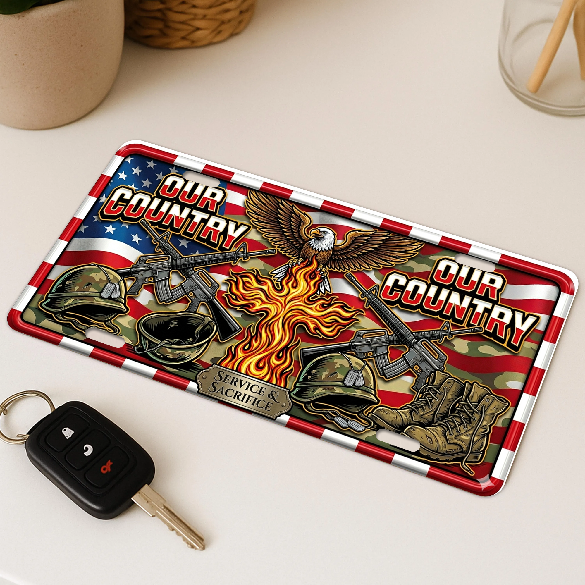 250 Years “FOUR COUNTRY” 2D Eagle Design License Plate Frame – Waterproof Aluminum Decorative Cover - Delicate Leather