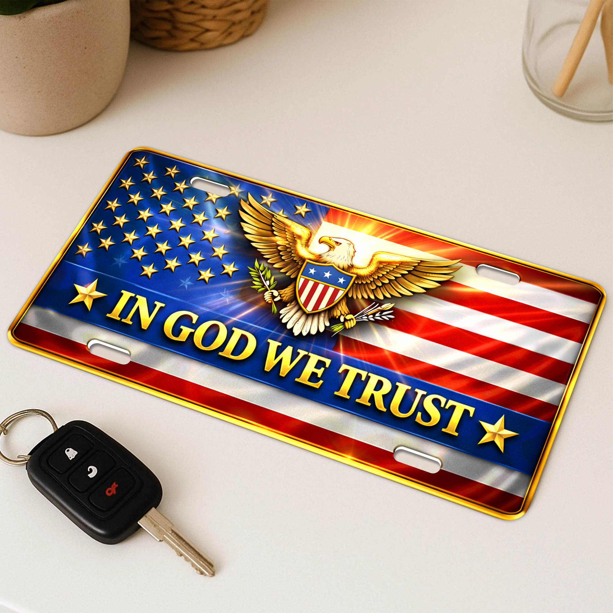 America 250Th Anniversary In God We Trust , Decorative Aluminum License Plate – Vintage Flag Design Metal Wall Sign - Delicate Leather