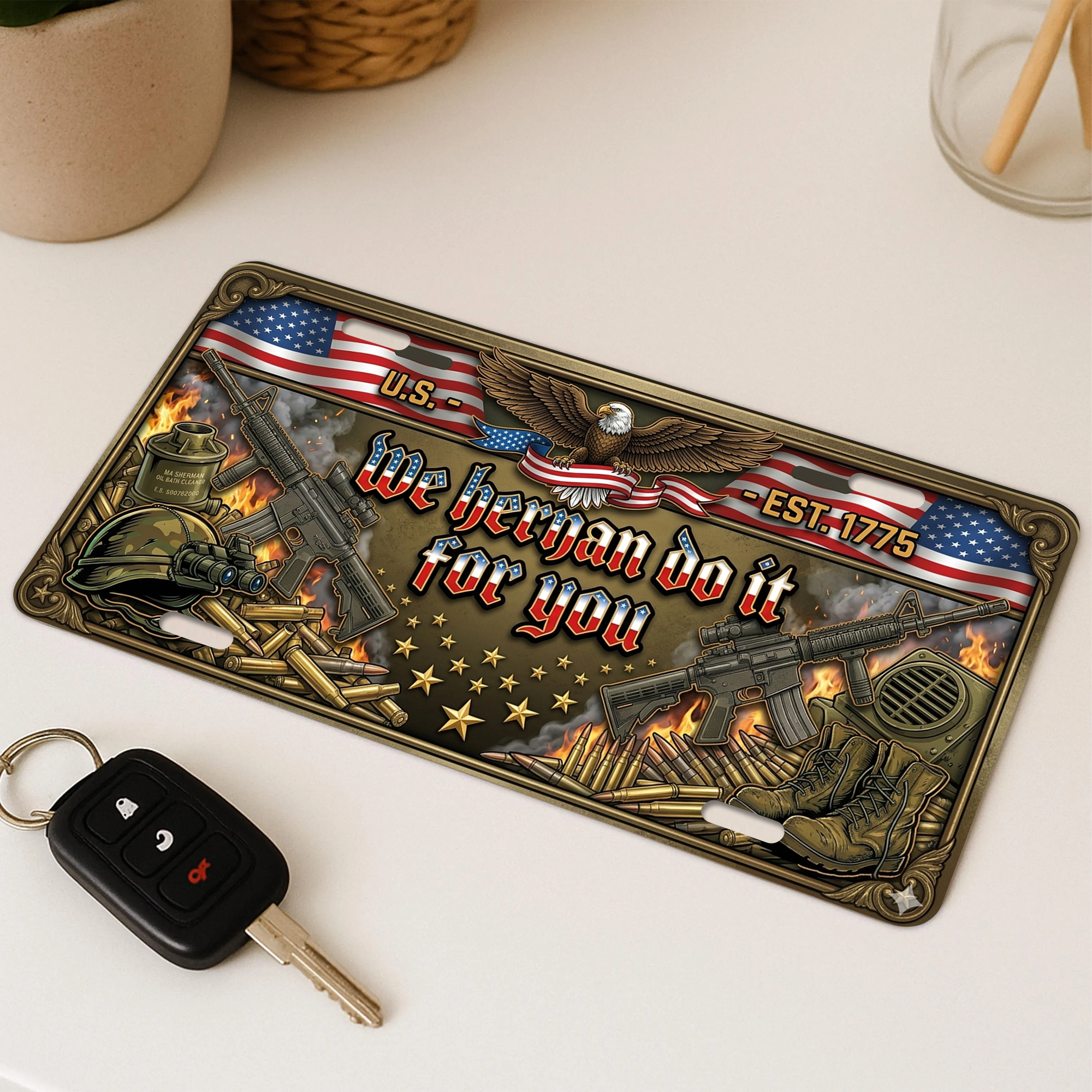 250 Years “WE HERNAN DO IT FOR YOU” 2D Design License Plate Frame – Waterproof Aluminum Decorative Cover - Delicate Leather