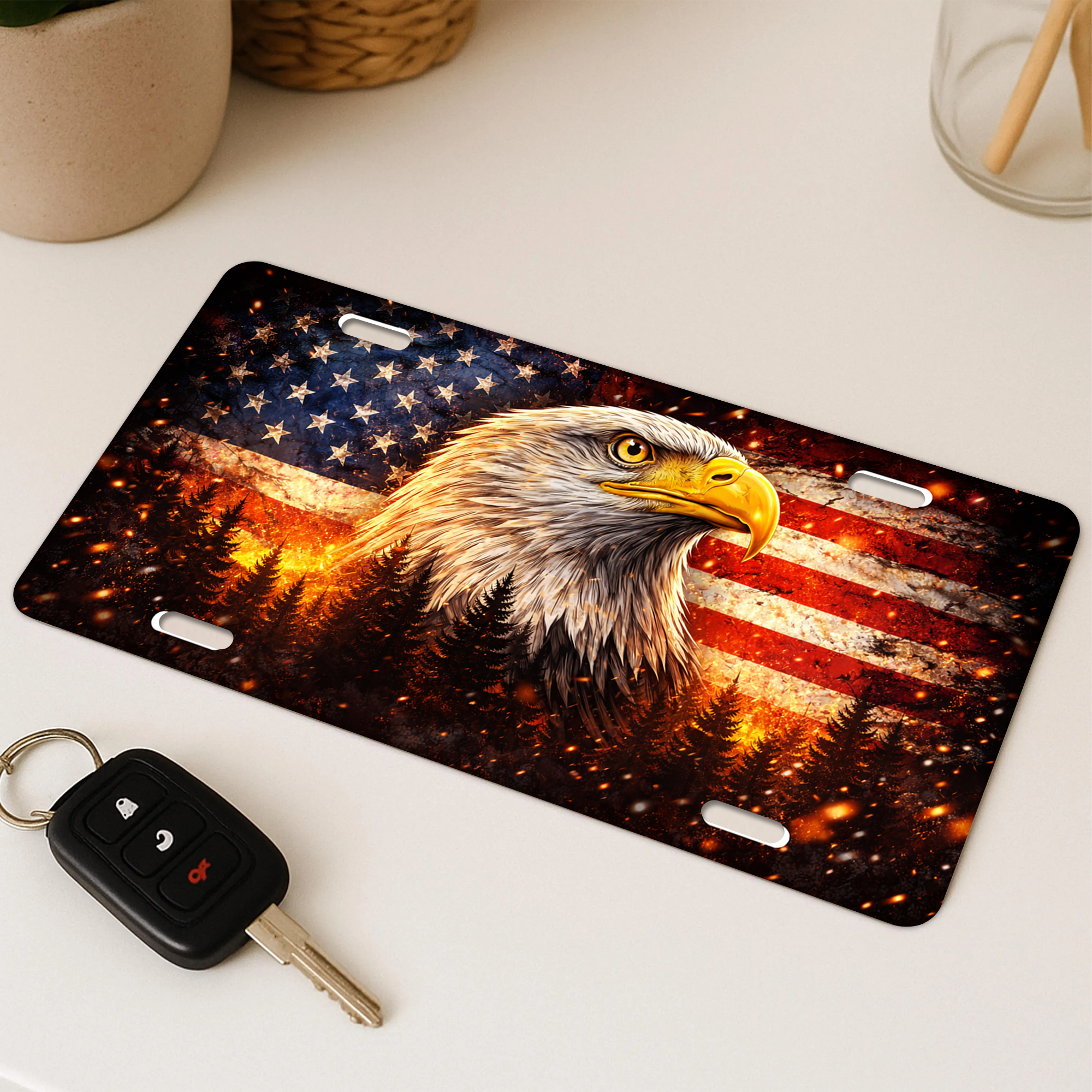 America 250Th Anniversary Decorative Aluminum License Plate Frame – 2D Eagle Pattern Waterproof Tag Holder - Delicate Leather