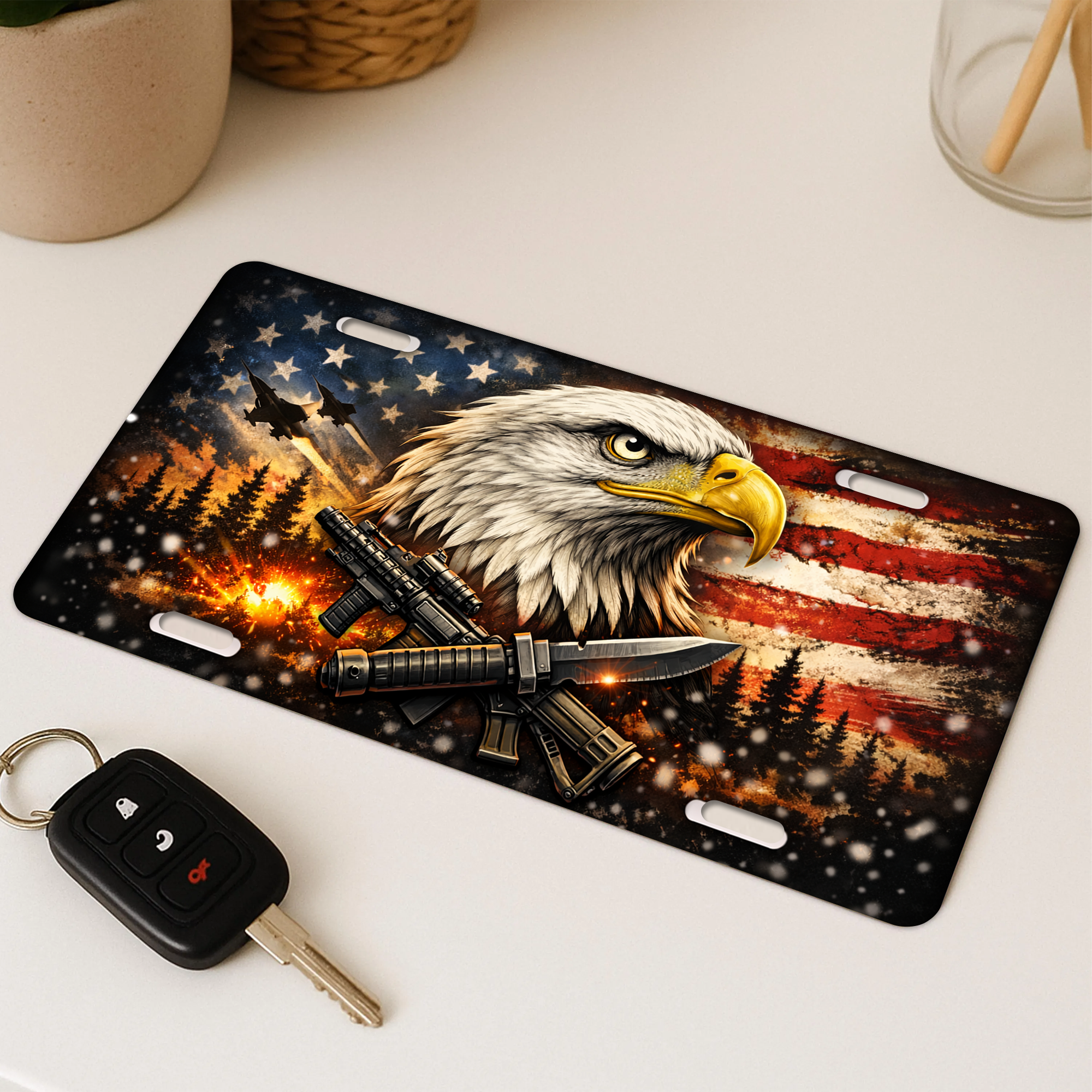 2D Eagle America 250Th Anniversary Pattern License Plate Frame – Waterproof Aluminum Decorative Plate Cover - Delicate Leather