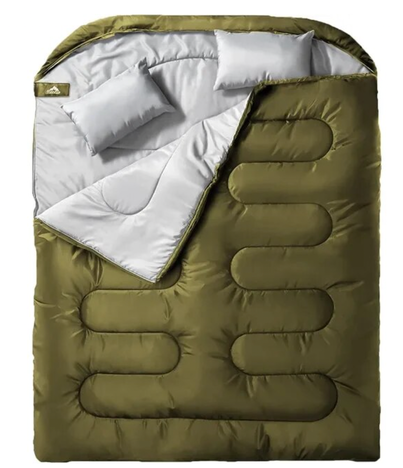 Double Sleeping Bag for Adults with Pillow, Two Person Sleeping Bag for All Season Camping, Backpacking, or Hiking for Adults or Teens Queen Size XL - Delicate Leather