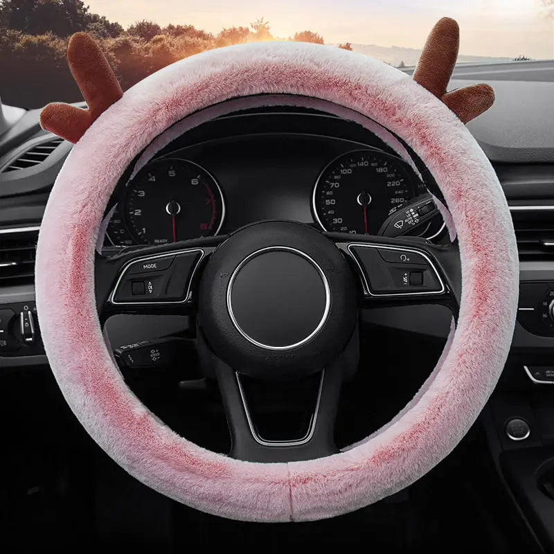 Warm Fluffy Winter Car Steering Wheel Cover – Full-Wrapped Anti-Slip Protector, Universal 38cm Christmas Gift Accessory - Delicate Leather