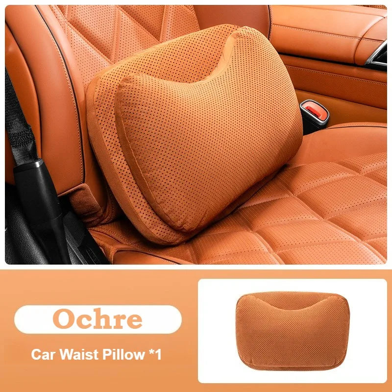 Suede Car Headrest Pillow & Lumbar Cushion – Luxury Nappa Leather Neck & Waist Pillow, Memory Foam Seat Accessories, Universal All Seasons - Delicate Leather