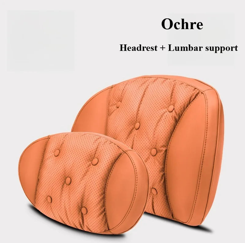 Universal Car Headrest & Lumbar Support Cushion – Nappa Leather Neck and Lumbar Pillows for Comfort - Delicate Leather
