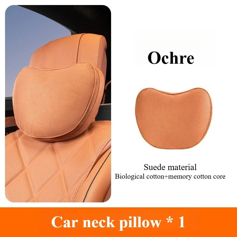 Suede Car Neck and Lumbar Support Set – Universal Ergonomic Headrest & Waist Pillow for Auto Seats - Delicate Leather