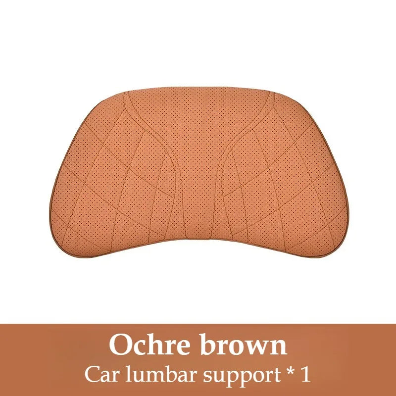 Memory Foam Car Neck & Lumbar Pillow Set – Nappa Leather Headrest and Waist Support - Delicate Leather