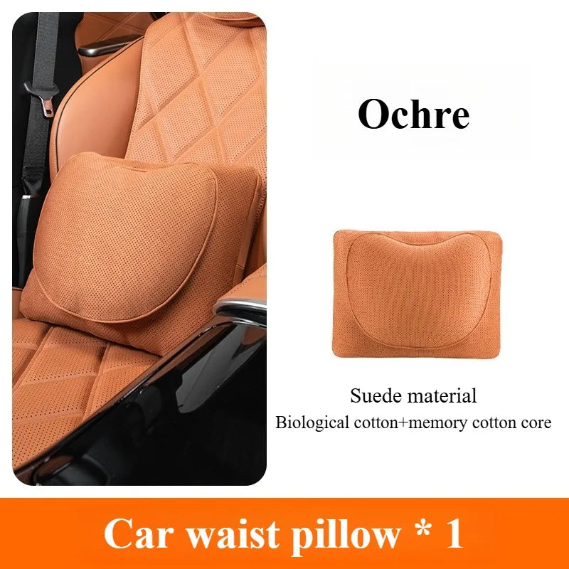 Suede Car Neck and Lumbar Support Set – Universal Ergonomic Headrest & Waist Pillow for Auto Seats - Delicate Leather
