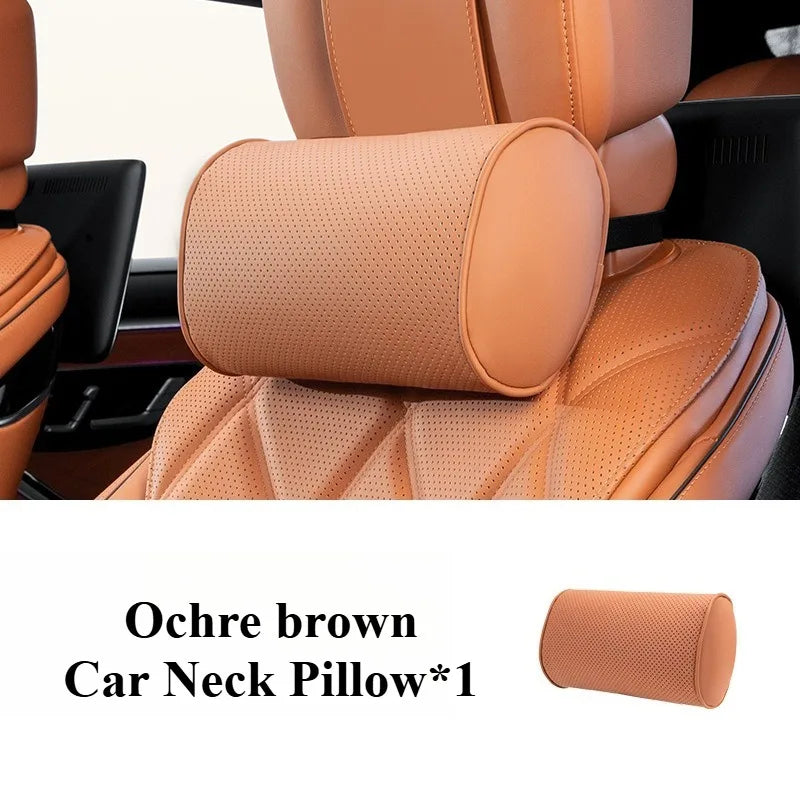Memory Cotton Car Headrest & Lumbar Pillow Set – Leather Neck and Waist Support for Comfortable Driving - Delicate Leather