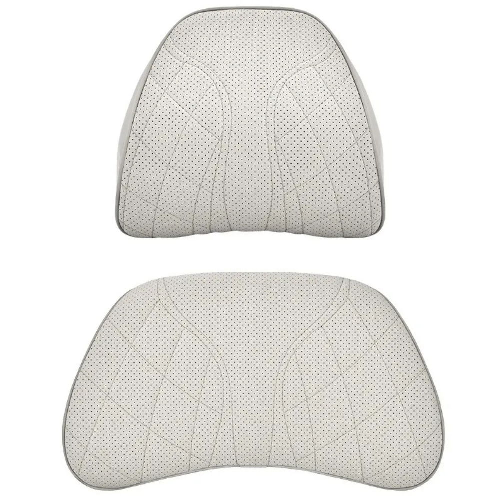 Memory Foam Car Neck & Lumbar Pillow Set – Nappa Leather Headrest and Waist Support - Delicate Leather