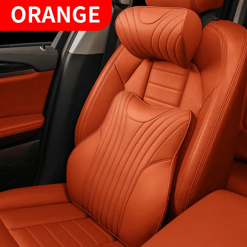 Universal Genuine Leather Neck Pillow & Lumbar Support – Anti-Slip Car Headrest Cushion for All-Season Comfort - Delicate Leather