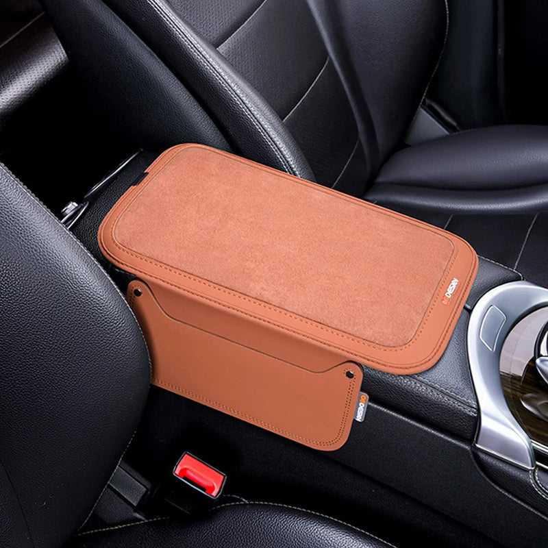 Leather Suede Car Armrest Cushion Cover – Soft Center Console Armrest Pad with Storage Pocket - Delicate Leather