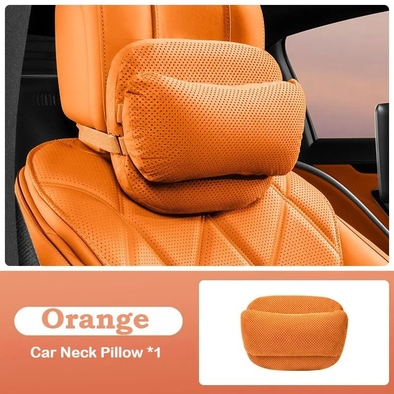 Suede Car Headrest Pillow & Lumbar Cushion – Luxury Nappa Leather Neck & Waist Pillow, Memory Foam Seat Accessories, Universal All Seasons - Delicate Leather