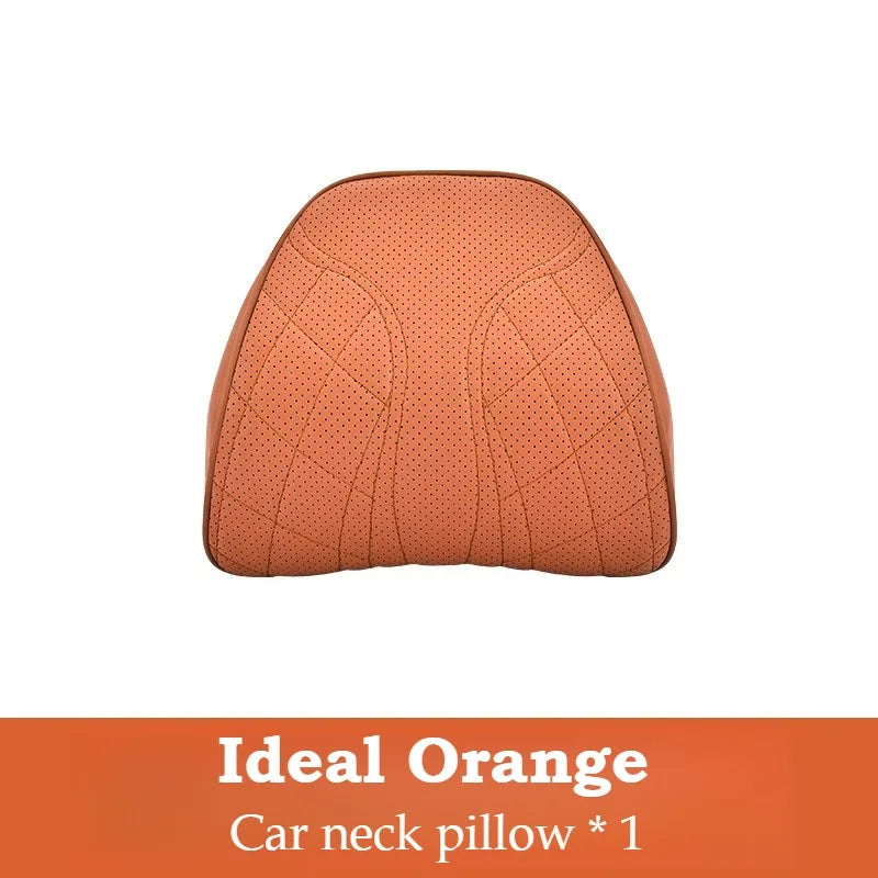 Memory Foam Car Neck & Lumbar Pillow Set – Nappa Leather Headrest and Waist Support - Delicate Leather