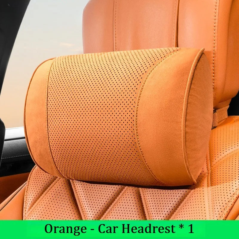 Suede Car Neck Pillow & Lumbar Cushion Set – Universal Fit Soft Headrest and Waist Support for Comfortable Driving - Delicate Leather