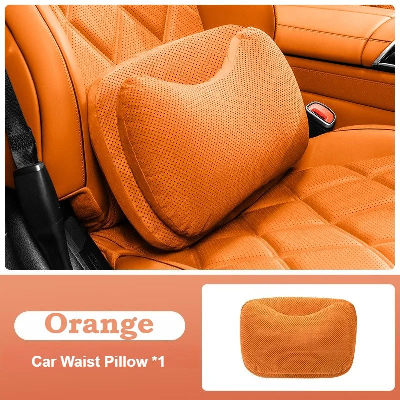 Suede Car Headrest Pillow & Lumbar Cushion – Luxury Nappa Leather Neck & Waist Pillow, Memory Foam Seat Accessories, Universal All Seasons - Delicate Leather