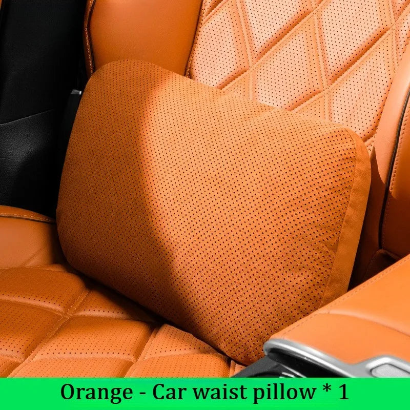 Suede Car Neck Pillow & Lumbar Cushion Set – Universal Fit Soft Headrest and Waist Support for Comfortable Driving - Delicate Leather