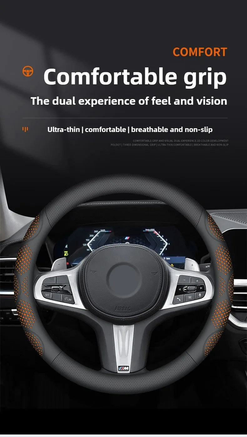 Car Steering Wheel Cover, Universal 38cm O/D Shape Leather Steering Wheel Cover – Car Interior Anti-Slip Accessory - Delicate Leather