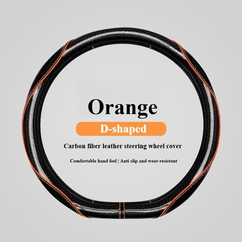 Sports Carbon Fiber Steering Wheel Cover Universal Fit – Anti-Slip Handle Cover for O / D / Double-D Steering Wheels (37–38cm) - Delicate Leather