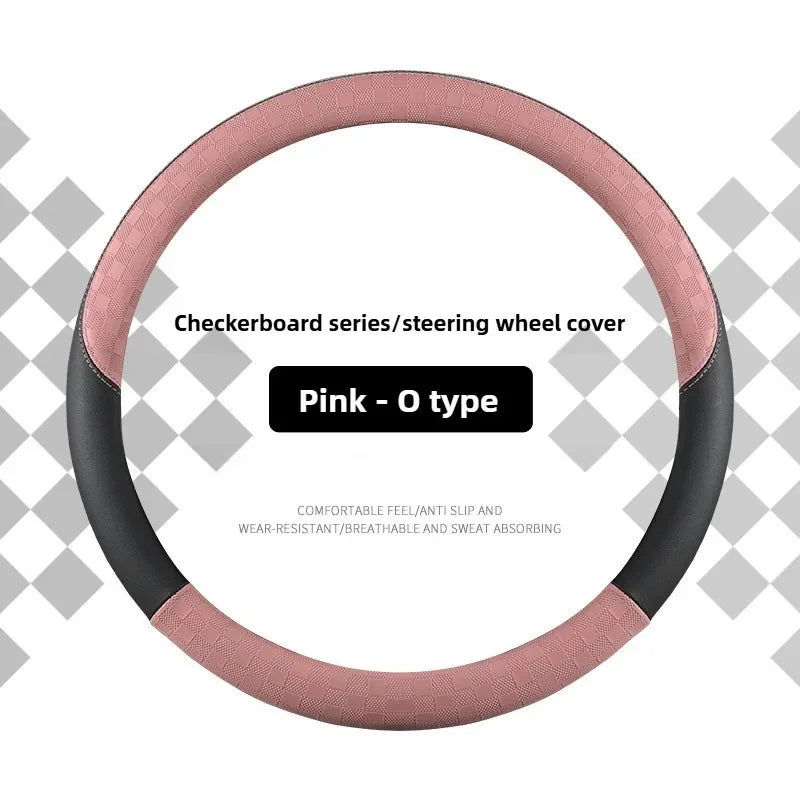 Microfiber Leather Steering Wheel Cover – 15-Inch Universal Fit, Anti-Slip Rubber Grip, Checkered Flag Design, All-Season Comfort - Delicate Leather