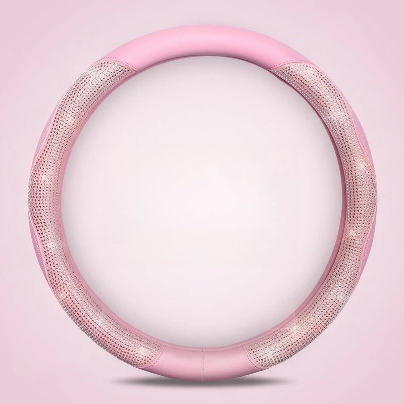 Shining Rhinestone Pink Steering Wheel Cover – Sparkling Crystal Diamond Car Interior Accessory for Women, 15-inch Universal Fit - Delicate Leather