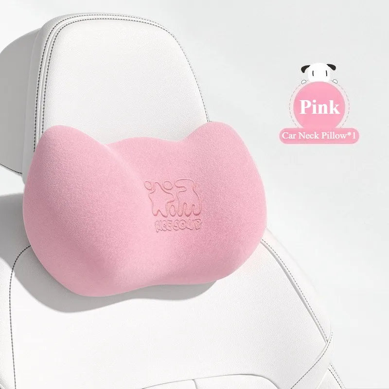 Plush Car Neck Pillow and Waist Pillow Set - Cute Pink Auto Headrest and Lumbar Support - Kawaii Car Seat Pillow for Comfort and Relaxation - Delicate Leather