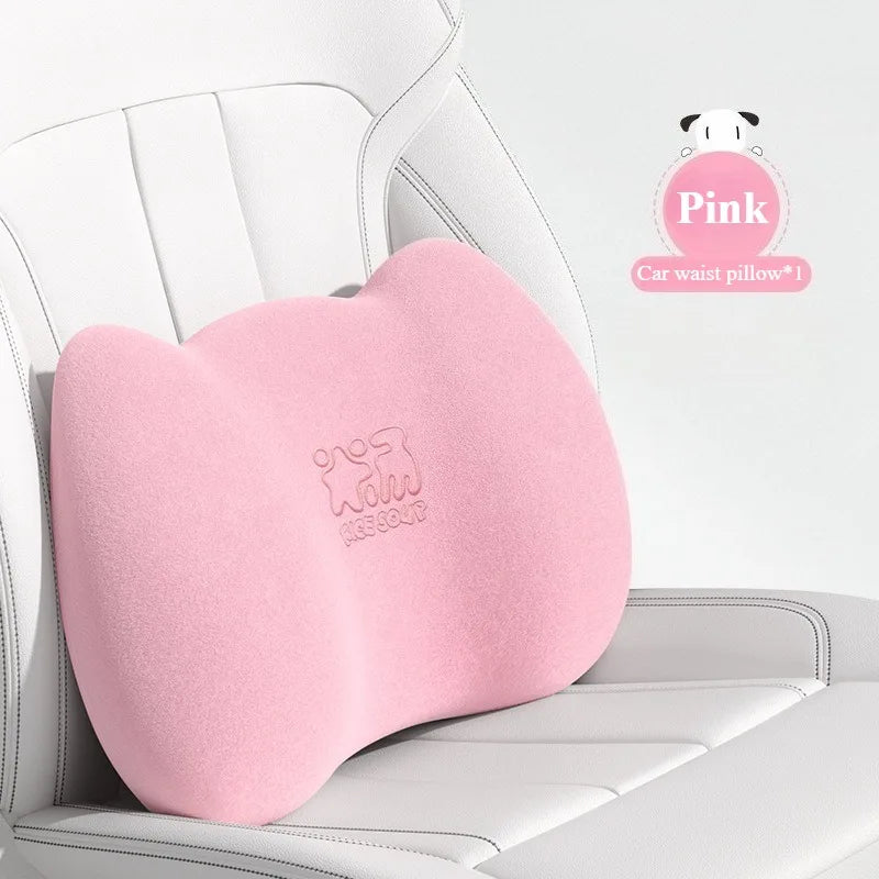 Plush Car Neck Pillow and Waist Pillow Set - Cute Pink Auto Headrest and Lumbar Support - Kawaii Car Seat Pillow for Comfort and Relaxation - Delicate Leather