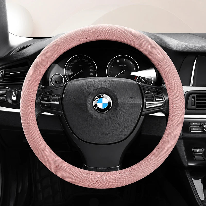 Linen Fabric Steering Wheel Cover – Soft Breathable Anti-Slip Grip, Universal Fit for 14.5–15 Inch Wheels - Delicate Leather