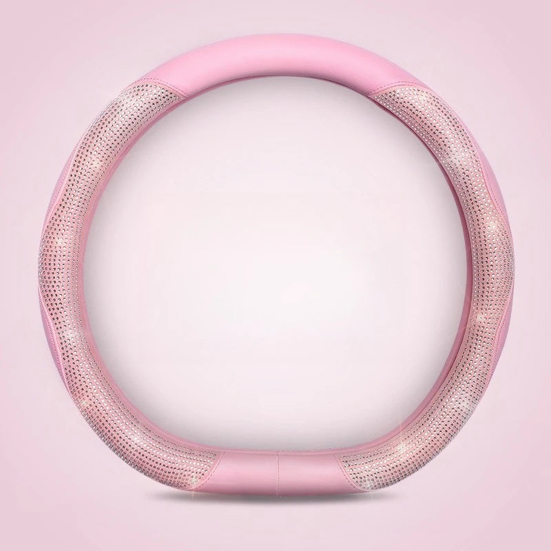Shining Rhinestone Steering Wheel Cover – Cute Pink PU Leather Car Accessory, Universal 15 inch (38 cm) for All Seasons - Delicate Leather