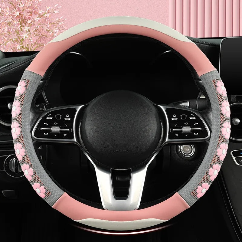 Cute Flower Design Car Steering Wheel Cover for Women - Universal Non-Slip Handle Cover - Nappa Leather & Silicone Car Accessories - Delicate Leather