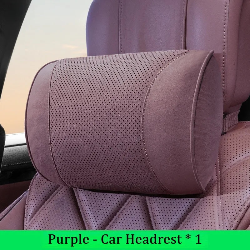 Suede Car Neck Pillow & Lumbar Cushion Set – Universal Fit Soft Headrest and Waist Support for Comfortable Driving - Delicate Leather